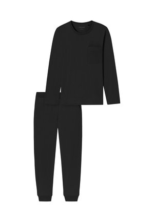Schwarzes Langarmshirt mit Tasche und passenden schwarzen Hosen. Beide bestehen aus weichem Material mit gerippten Bündchen und einem lockeren Schnitt.