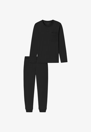 Schwarzes Langarmshirt mit Tasche und passenden schwarzen Hosen. Beide bestehen aus weichem Material mit gerippten Bündchen und einem lockeren Schnitt.
