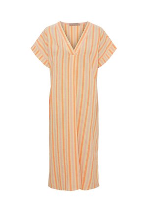 Let kjole til knæet med lodrette pastel orange og beige striber, korte ærmer og V-udskæring.