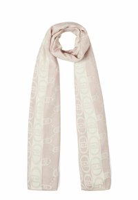 Écharpe rose clair ornée d'un subtil motif blanc avec des formes ovales, fabriquée à partir d'un tissu doux et texturé.