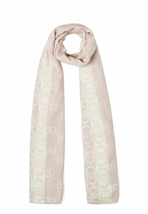 Light pink scarf featuring a subtle white patterned design with oval shapes, made from a soft, textured fabric.