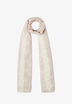 Écharpe rose clair ornée d'un subtil motif blanc avec des formes ovales, fabriquée à partir d'un tissu doux et texturé.