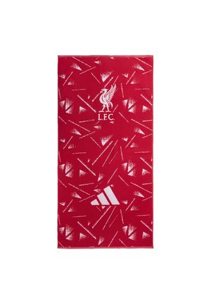 Rotes Handtuch mit weißem abstraktem Muster, mit weißem Liver bird-Logo und L.F.C.-Schriftzug über einem Adidas-Logo.