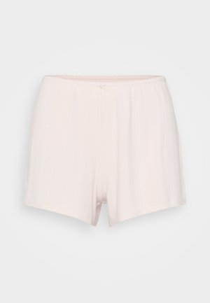 Light pink cotton shorts with a smooth texture, featuring a lace trim waistband and small bow accent at the front.