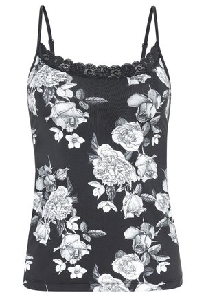 Zwart bloemenhemdje met witte rozen- en bladerenprints, verstelbare spaghettibandjes en een kanten rand langs de halslijn.