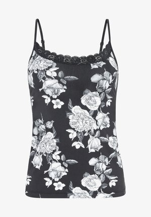Czarna kamizelka z kwiecistym wzorem, przedstawiająca białe róże i liście, z regulowanymi ramiączkami i koronkowym wykończeniem dekoltu.