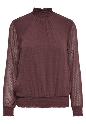 Bordeauxroze doorschijnende blouse met lange mouwen, een gestructureerd gestippeld patroon, hoge geplooide kraag, elastische manchetten en een geplooemde zoom.