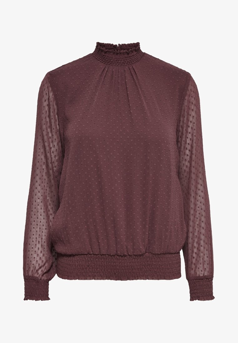 Blouse bordeaux transparente à manches longues avec motif à pois texturé, col montant à volants, poignets élastiques et ourlet froncé.