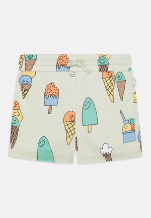 Light green toddler shorts with colorful smiling ice cream and popsicle illustrations and a front drawstring.