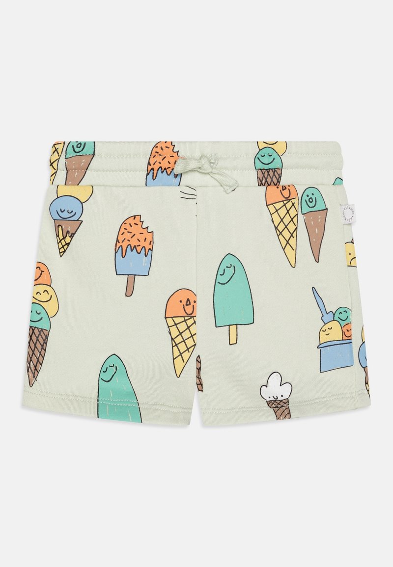 Shorts pour tout-petits vert clair avec des illustrations colorées de glaces et de sucettes souriantes, et un cordon de serrage à l'avant.