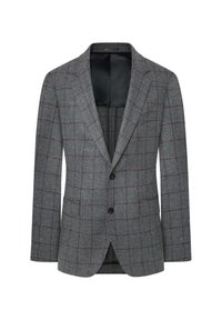 Blazer in lana grigia con un motivo a finestra in bordeaux, due bottoni, rever a punta e due tasche frontali. Fodera interna nera liscia.
