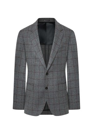Blazer in lana grigia con un motivo a finestra in bordeaux, due bottoni, rever a punta e due tasche frontali. Fodera interna nera liscia.