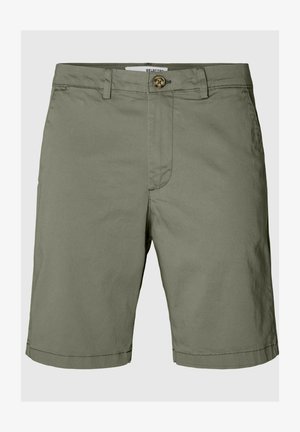 Olive green shorts made of cotton, featuring a button closure, belt loops, and a straight cut with folded hem details.
