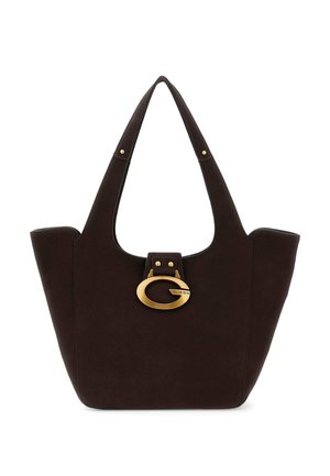 Borsa tote in camoscio marrone con due manici a spalla, un accento circolare in tonalità oro e una base piatta. Texture liscia con dettagli hardware minimi.