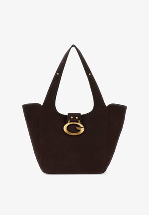 Brown suede tote bag with two shoulder straps, a gold-tone circular accent, and a flat base. Smooth texture with minimal hardware detail.