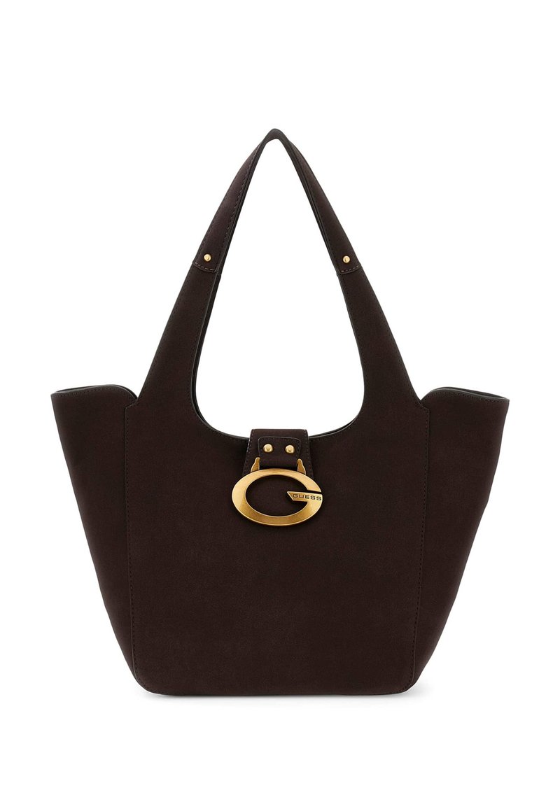 Borsa tote in camoscio marrone con due manici a spalla, un accento circolare in tonalità oro e una base piatta. Texture liscia con dettagli hardware minimi.