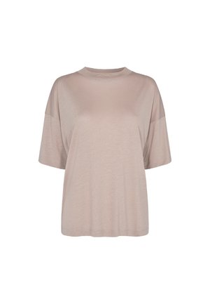Beige oversized T-shirt met korte mouwen, een ronde hals en een losse pasvorm, getoond op een witte achtergrond.