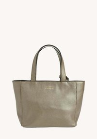 Sac à main en cuir doré métallique avec deux poignées courtes, forme rectangulaire, surface texturée et détail de logo subtil à l'avant.