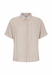 Short-sleeved, collared blouse in soft pink fabric with vertical stripes in dark brown. Features a button closure at the front and a relaxed fit.