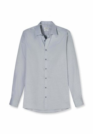 Hellgraues Herrenhemd mit langen Ärmeln, durchgehender Knopfleiste, weiter Kragenform und schwarzen Knöpfen, flach auf weißem Hintergrund liegend.