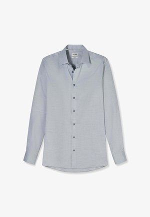 Light gray long-sleeve men's button-up dress shirt with spread collar and black buttons, laid flat on a white background.