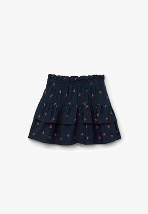 Gonna a balze blu navy con fascia elastica in vita, decorata con piccoli motivi di ciliegie rosse e foglie verdi.