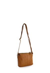 Tan leather crossbody bag with a zip closure, an adjustable strap, and a smooth texture, featuring a simple, rectangular design.