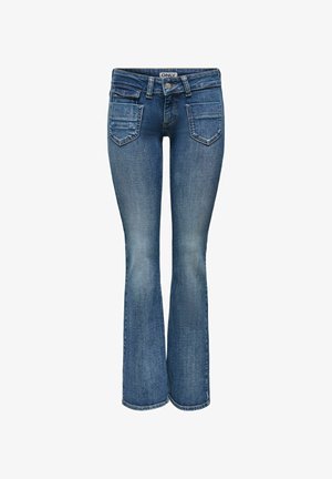 Ausgestellte Jeans aus mittlerem blauen Denim mit gewaschenem Textur, ausgestattet mit einem Knopfverschluss, Gürtelschlaufen und hinteren Taschen mit schrägen Klappen.