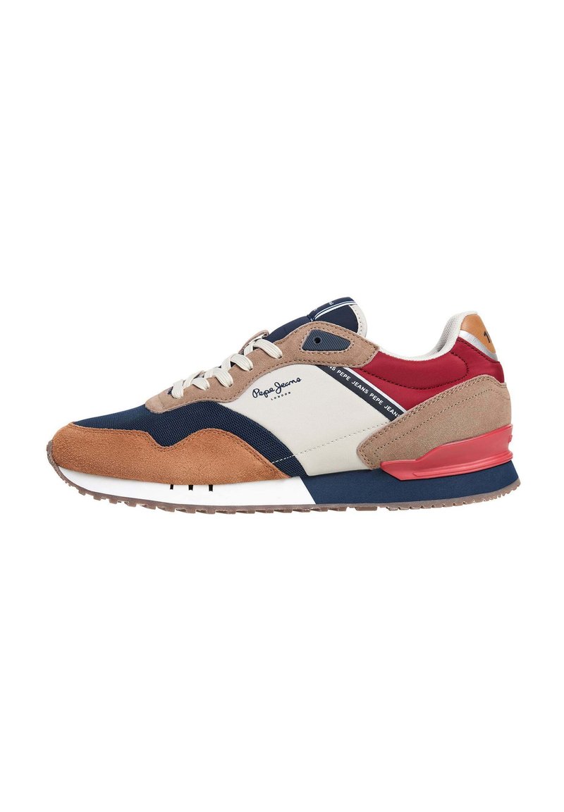 Sneakers con un mix di materiali: camoscio beige, tessuto blu navy e dettagli rossi. Suola intermedia bianca con suola esterna in gomma texture. Design con lacci.