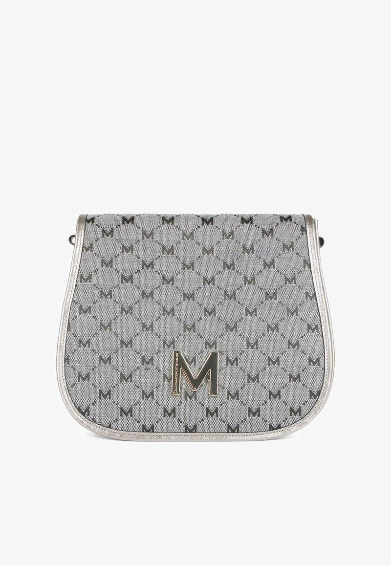 Grey shoulder bag featuring a textured fabric with repeating "M" pattern, metallic accents, and a distinct gold "M" logo on the front.