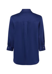 Navy blue shirt with a pointed collar, long sleeves with buttoned cuffs, and a central back pleat, featuring a smooth, shiny texture.