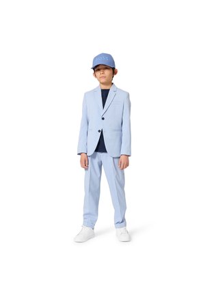Light blue suit with a textured fabric, single button closure, and a chest pocket, paired with a matching blue cap featuring "BOSS" logo.