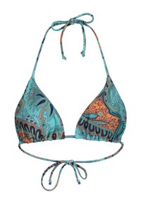 Haut de bikini triangle en tissu turquoise avec un motif paisley orange et bleu ; possède des liens ajustables au cou et au dos pour un bon ajustement.