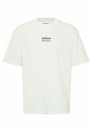 Weiße Baumwoll-T-Shirt, Rundhalsausschnitt, kurze Ärmel, mit dem Text "Actions Decisions" in Dunkelblau auf der Vorderseite, mit lässiger Passform.