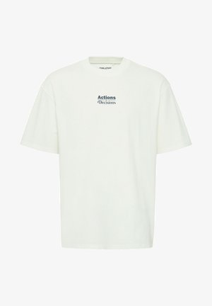 Weiße Baumwoll-T-Shirt, Rundhalsausschnitt, kurze Ärmel, mit dem Text "Actions Decisions" in Dunkelblau auf der Vorderseite, mit lässiger Passform.