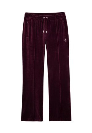 Pantaloni della tuta in velluto bordeaux con gamba dritta, vita elastica, cordoncino e tasche laterali. Presenta un logo sulla coscia sinistra.