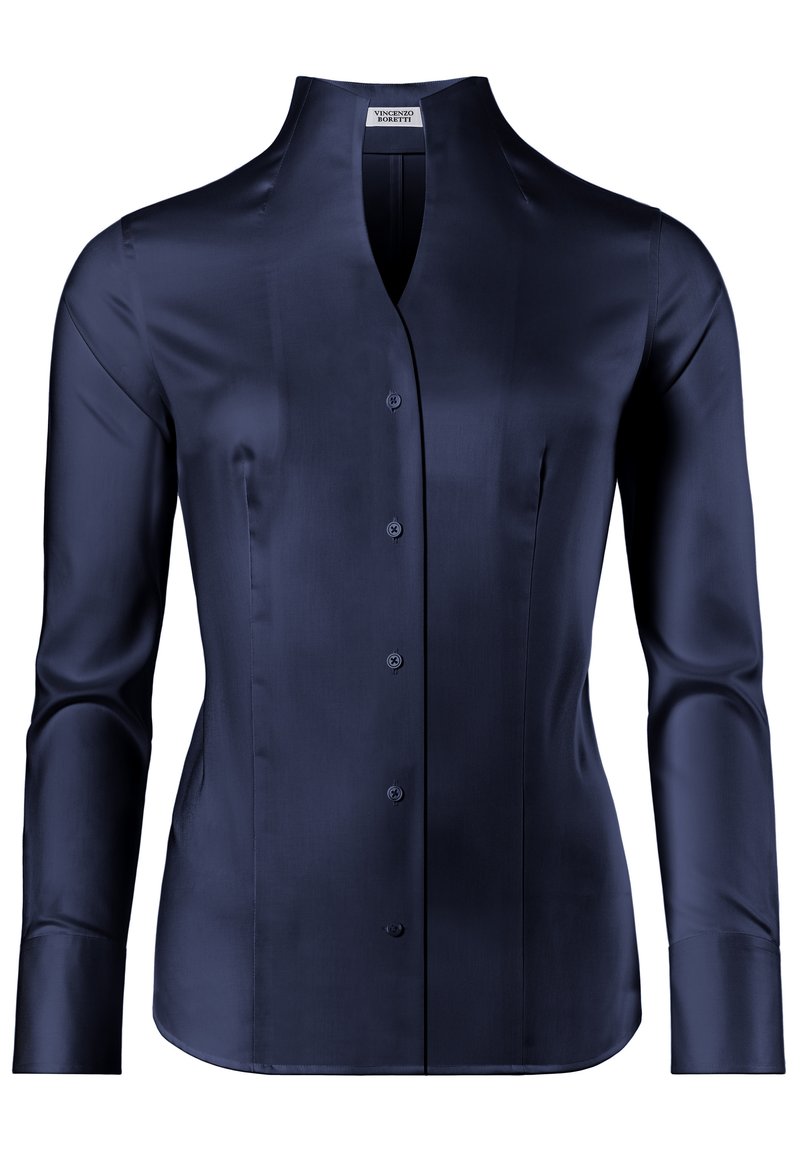Blusa a maniche lunghe blu navy, in tessuto di satin liscio, colletto alla cinese, chiusura anteriore con bottoni, fit sartoriale con cuciture laterali e dettagli con bottoni.