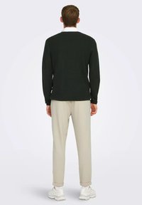 Maglione a maglia verde scuro con un motivo testurizzato, abbinato a pantaloni beige chiaro e sneakers bianche, visto da dietro.