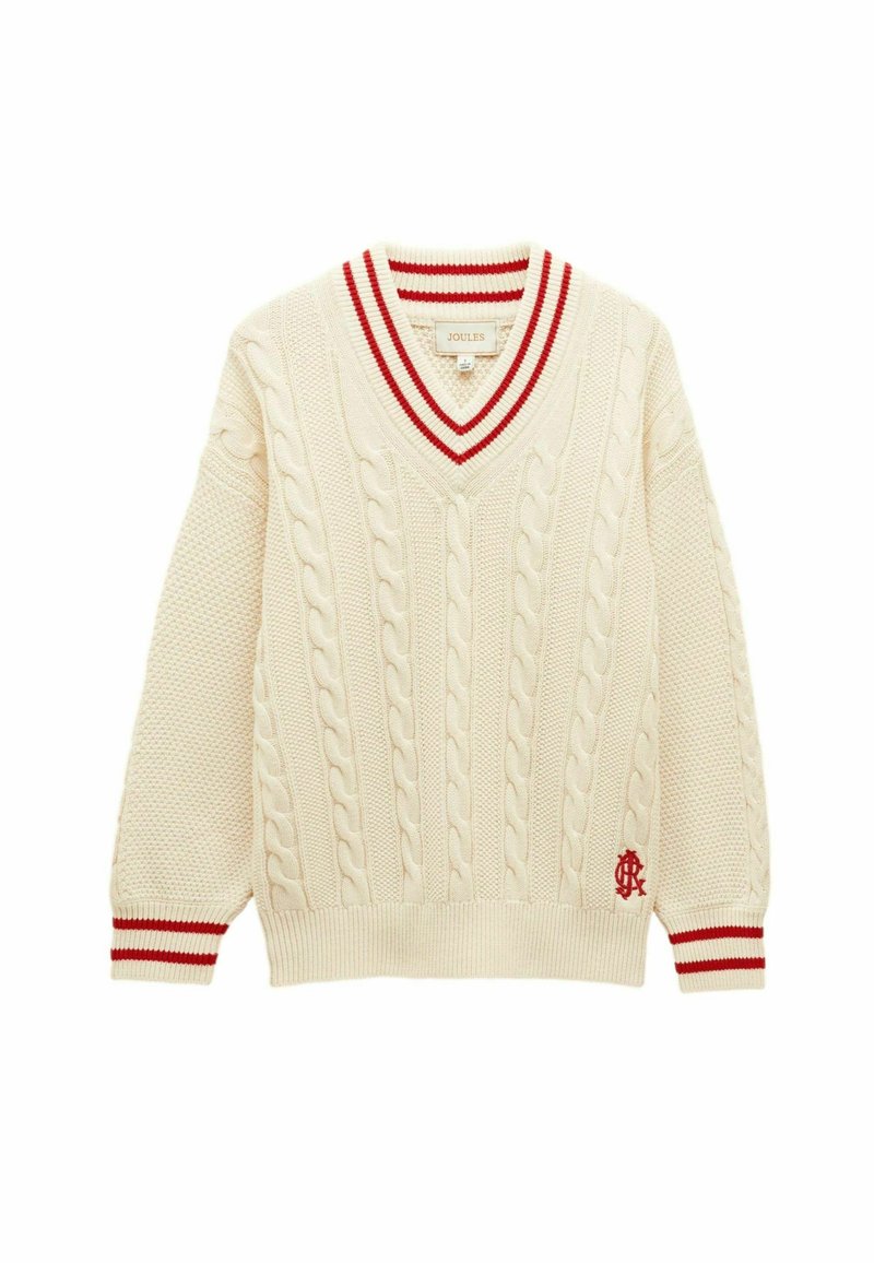 Koonkübara kreemjas kampsun V-kaelusega, millel on punased triibulised aktsendid krae ja varrukate soonikutes ning väike logo allääres.