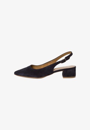 Zwarte suède slingback schoen met een spitse neus en een lage blokhak. Heeft een uitsnijding aan de zijkant en een verstelbare enkelband.