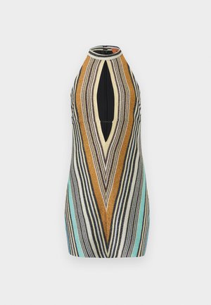 Μίνι πλεκτό φόρεμα χωρίς μανίκια με halter neck, μπροστινό άνοιγμα σε σχήμα κλειδιού και V-σχήματος πολύχρωμες ρίγες σε μουσταρδί, κρεμ, μαύρο, γκρι και τιρκουάζ.