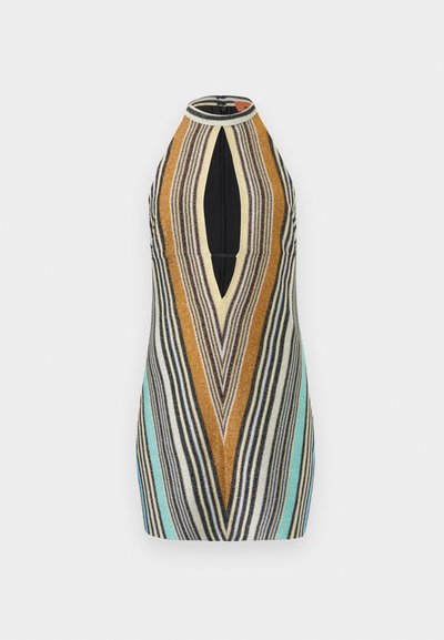 Μίνι πλεκτό φόρεμα χωρίς μανίκια με halter neck, μπροστινό άνοιγμα σε σχήμα κλειδιού και V-σχήματος πολύχρωμες ρίγες σε μουσταρδί, κρεμ, μαύρο, γκρι και τιρκουάζ.