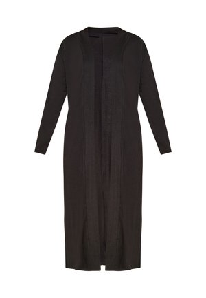 Zwarte lange cardigan van zachte stof, met lange mouwen, een open voorkant en een recht silhouet. Geen verdere versieringen of ontwerpen.