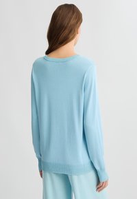 Maglione azzurro chiaro a maniche lunghe con polsini e orlo a costine. Texture morbida, design semplice e ampio scollo rotondo.