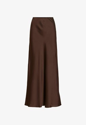 Lang, mørkebrun satin nederdel med en glat, flydende tekstur og en let udvidelse ved kanten, vist på en hvid baggrund.