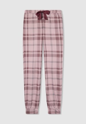 Pantaloni da pigiama a quadri rosa e bordeaux con vita elasticizzata e nastro bordeaux, con polsini alla caviglia, presentati in piano su uno sfondo grigio chiaro.