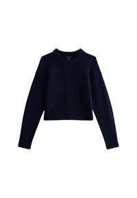 Marinblå croppad tröja gjord av ett mjukt, strukturerat material. Har långa ärmar och rund halsringning. Inga synliga logotyper eller mönster.