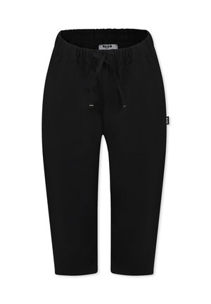 Pantaloni neri cropped realizzati in tessuto morbido, con una cintura elasticizzata e un cordino. Nessun motivo o decorazione evidente.