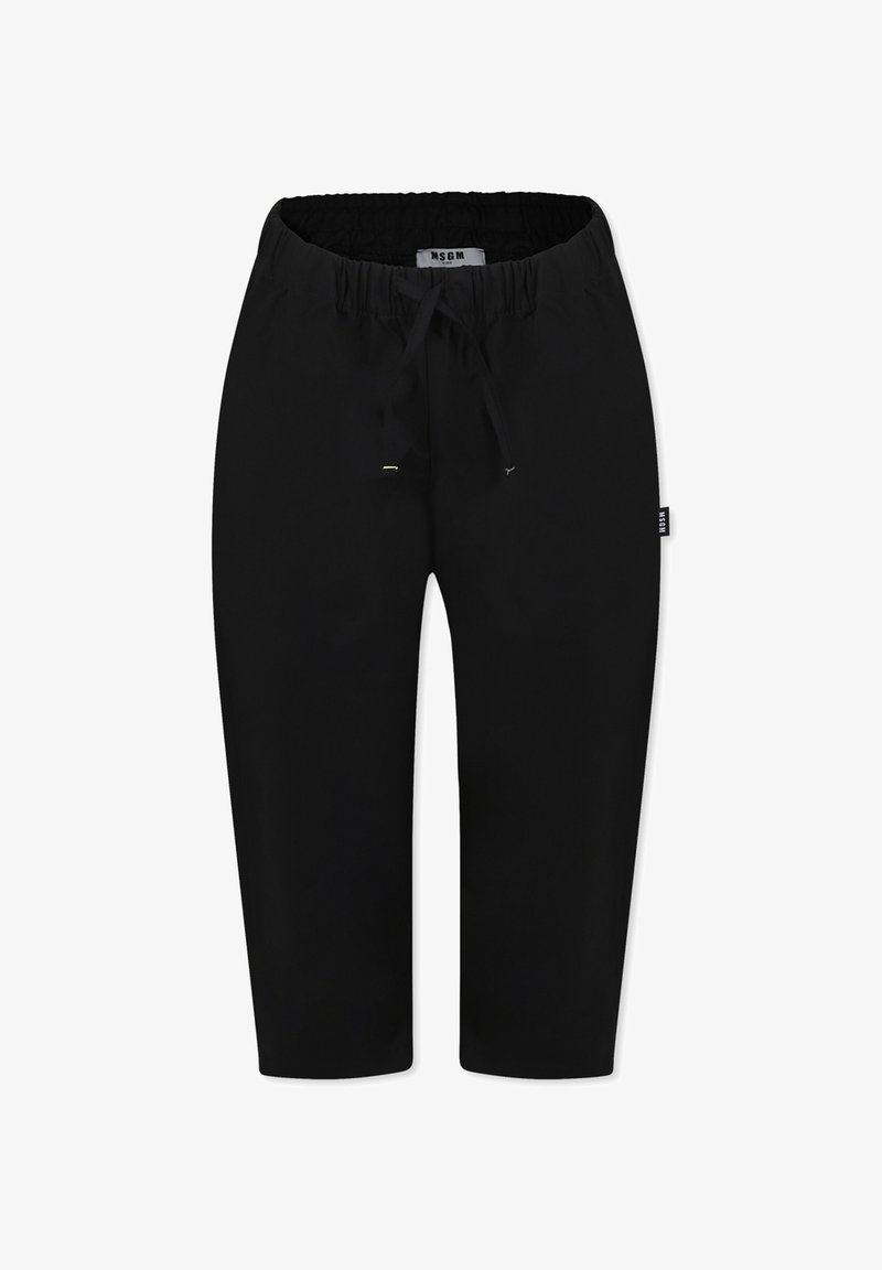 Pantaloni neri cropped realizzati in tessuto morbido, con una cintura elasticizzata e un cordino. Nessun motivo o decorazione evidente.