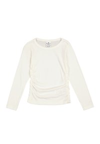 Maglia a maniche lunghe leggera in morbido tessuto crema con cuciture laterali arricciate e colletto a girocollo. Presenta un logo discreto su una manica.